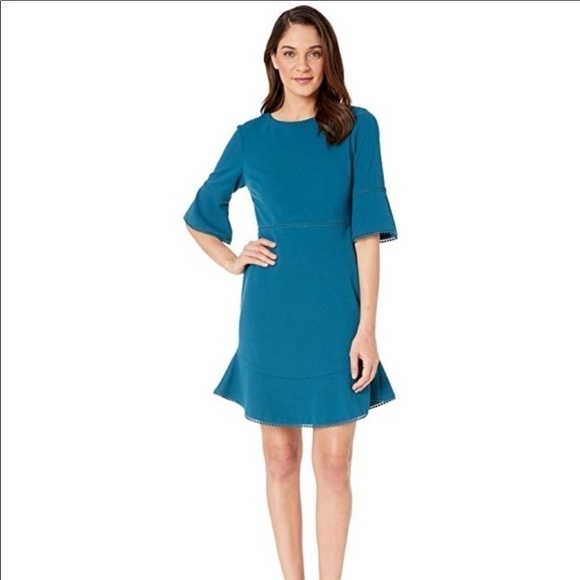 Betsy Johnson bell sleeve sheath teal dress size10 - Picture 9 of 12